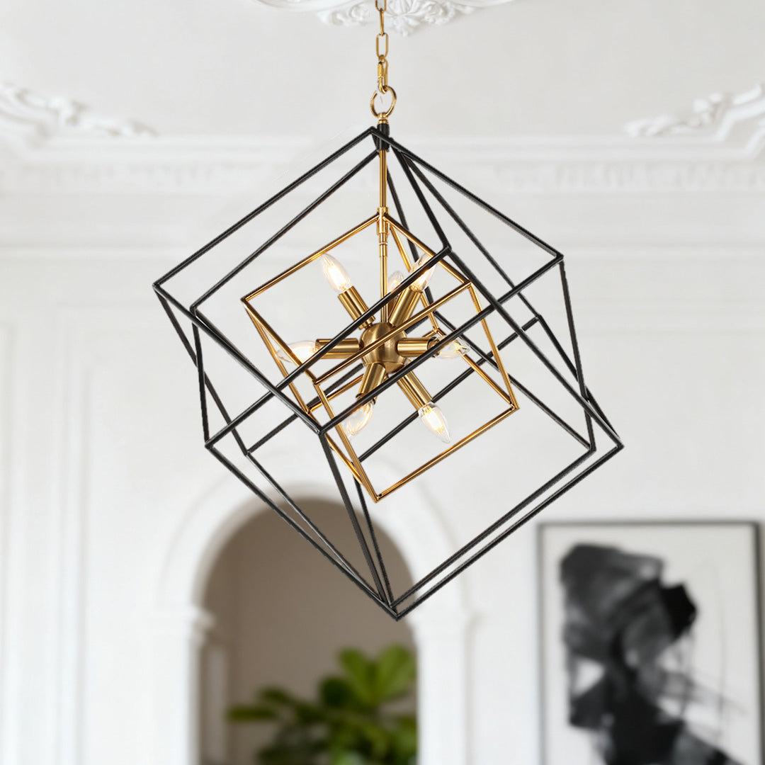 Square Geometric Pendant Light Industrial Black Gold Dual-Color Iron Frame E12 4-Light Dining Room Entryway 26 Inch
