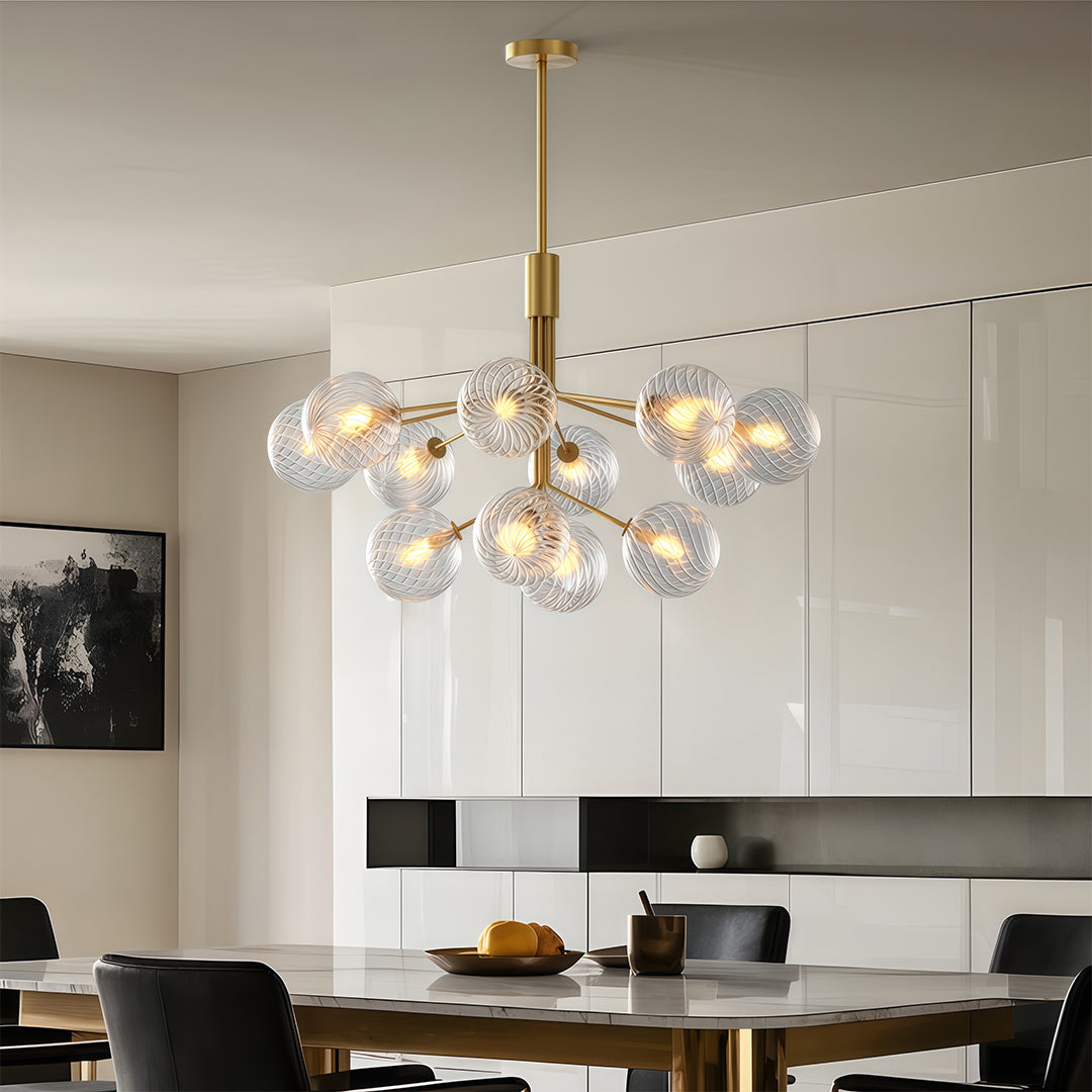 Copper Frame Glass Sphere Chandelier with Staggered Multi-Head Arrangement
