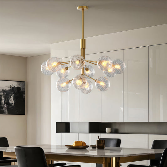 Copper Frame Glass Sphere Chandelier with Staggered Multi-Head Arrangement