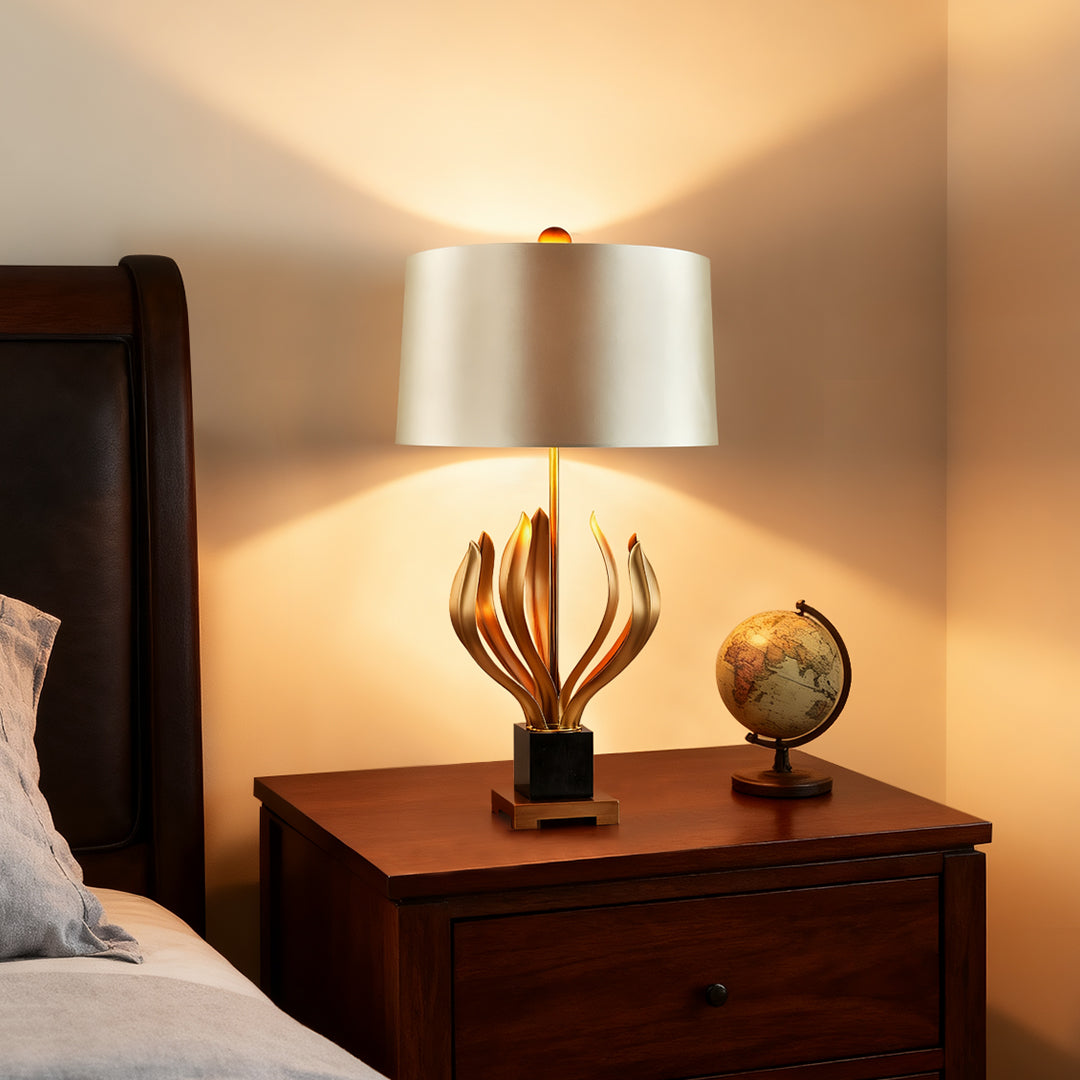 Vintage Table Lamp Gold Carved Metal Body Champagne Fabric Shade E26 European Classical Bedside 30.55 Inch