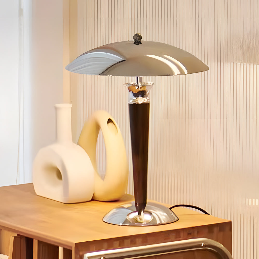Modern Table Lamp Chrome Mushroom Umbrella Shade Walnut Wood Pole Retro 3 Step Color Temp LED E14 Bedside Living Room 15.35 Inch