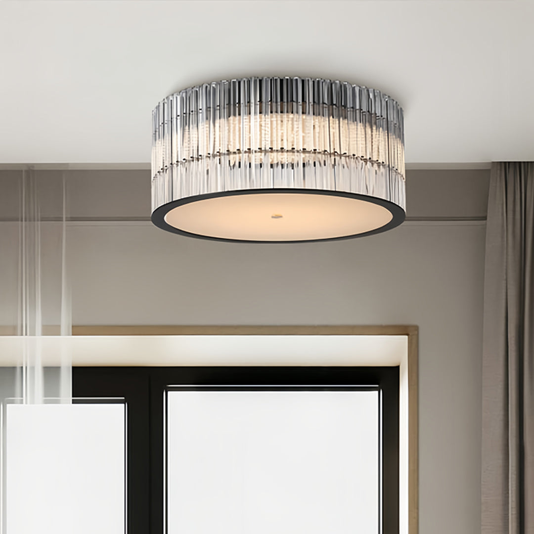 Round Drum Crystal Prism Rod Flush Mount in Black Metal and Transparent Glass with Warm White Integrated LED
