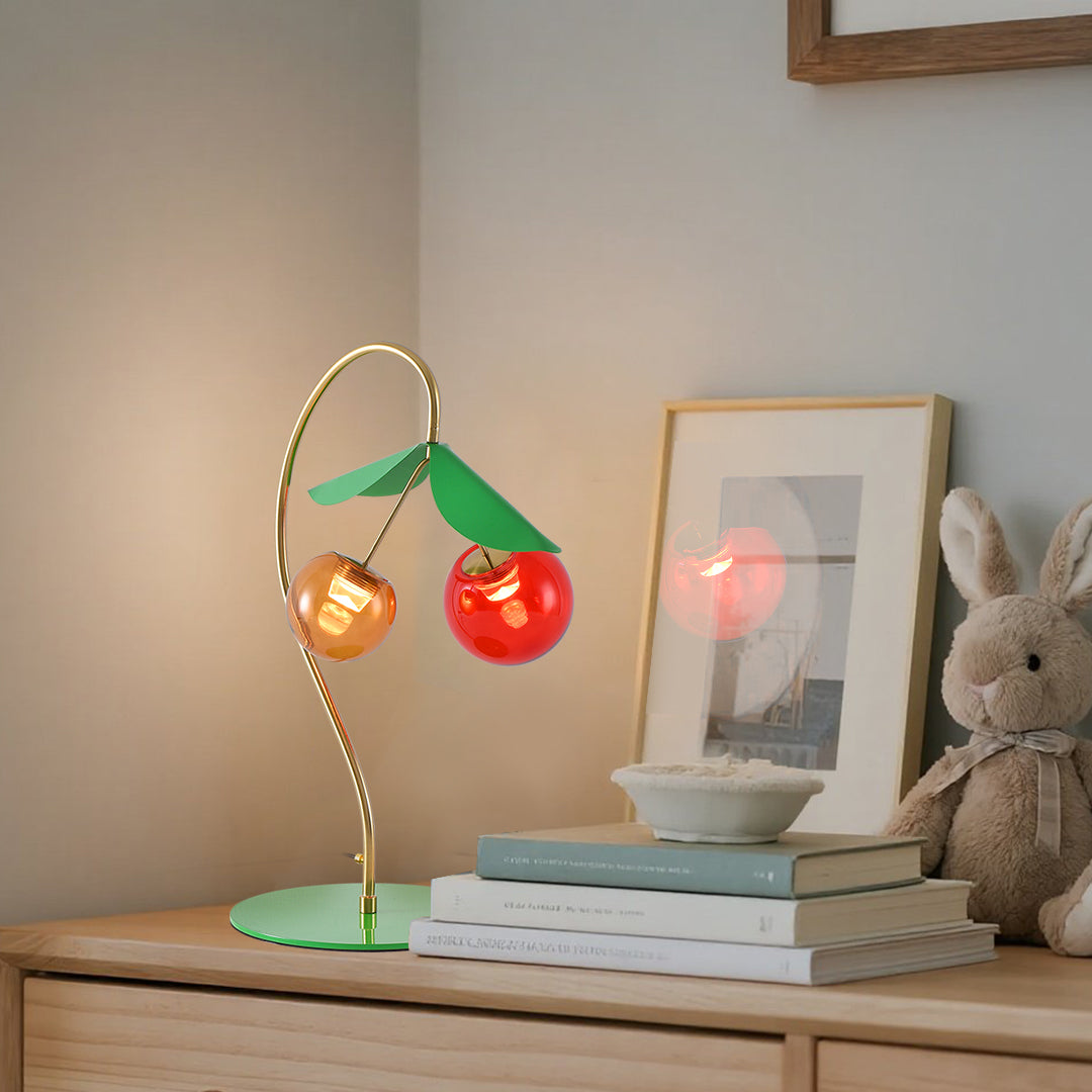 Nordic Cherry Glass Dual Head Table Lamp Gold Metal Green Leaf Tri-Color LED 12W 20.08 Inch