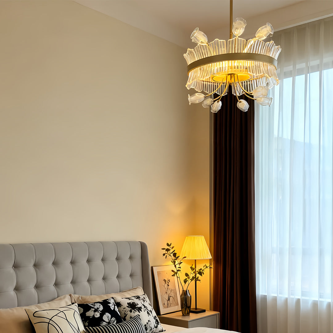 Gold Electroplated Blossom Chandelier with Crystal Accents and Integrated Warm White LED