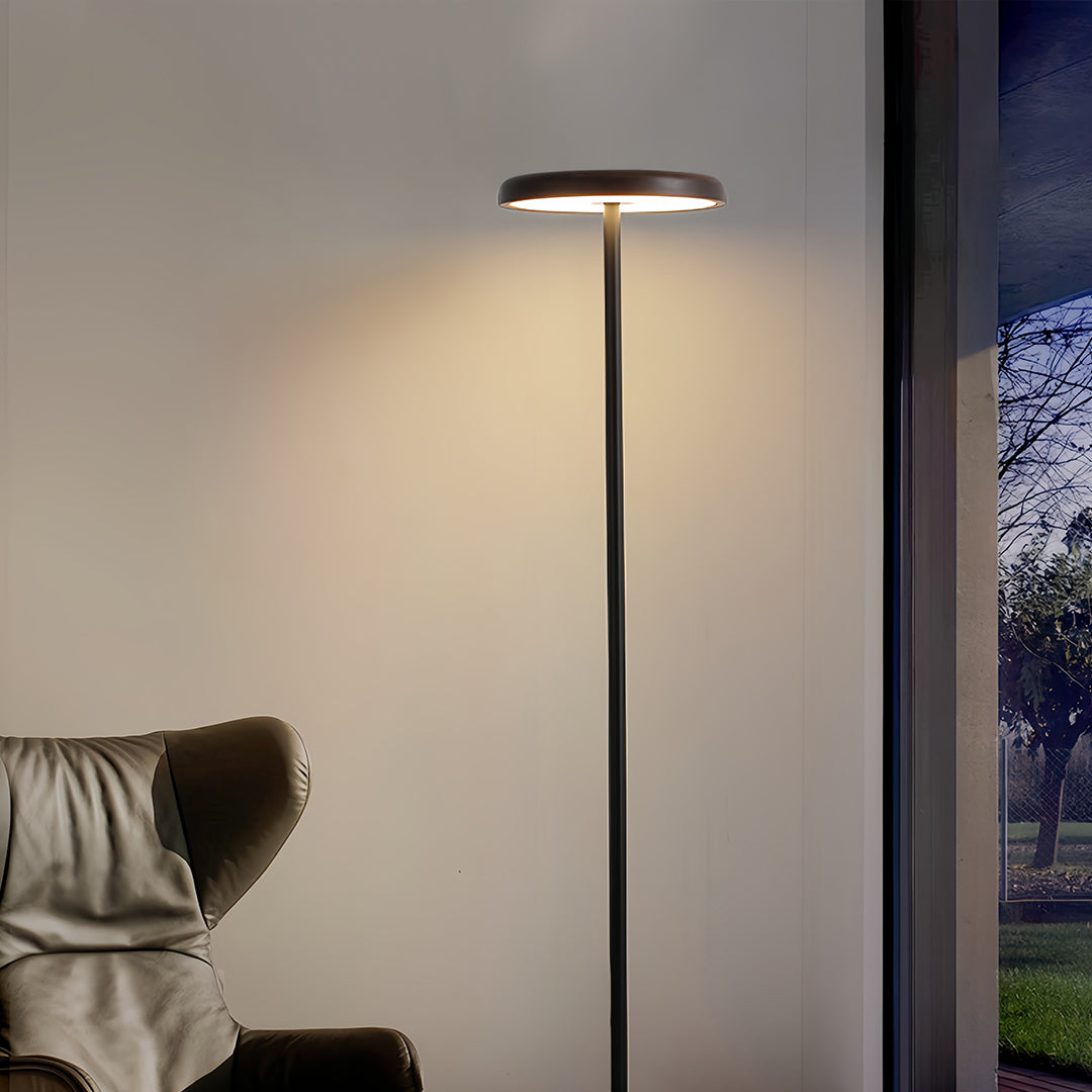 Modern Floor Lamp LED Circular Acrylic Uplight Marble Base Iron Pole 3 Color Temperature Dimmable Remote Walnut Wood 51 Inch