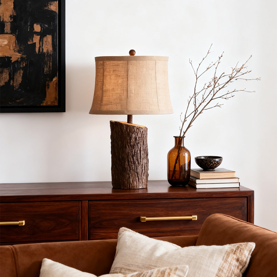 Rustic Faux Wood Table Lamp Dark Brown Bark Texture Beige Fabric Shade E26 Vintage Lodge Bedside 26.38 Inch