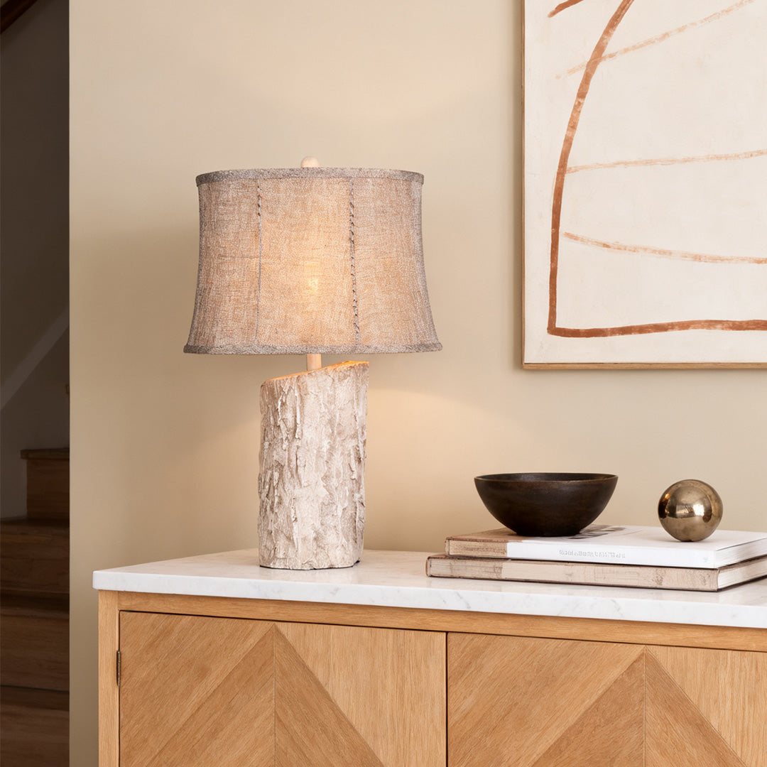 Rustic Table Lamp Bark Texture Resin Base Beige Fabric Shade E26 Bedside Living Room White 26.38 Inch