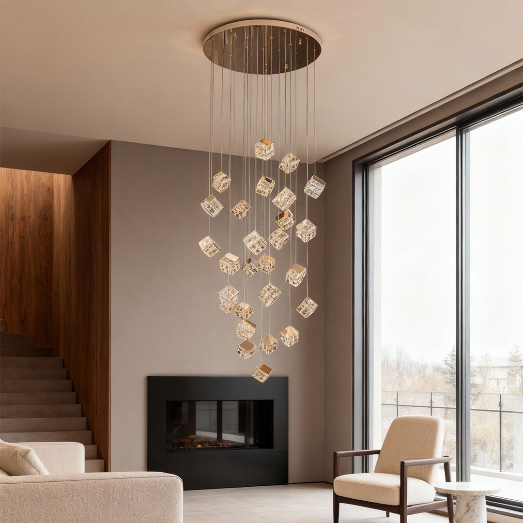 Staircase Chandelier Carbon Steel Crystal Integrated LED 15-Head / 27-Head Champagne Gold Magic Cube 3-Step Modern Nordic