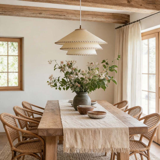 Three-Tier Parchment Paper and Twine Pendant Light with Gold Metal Base