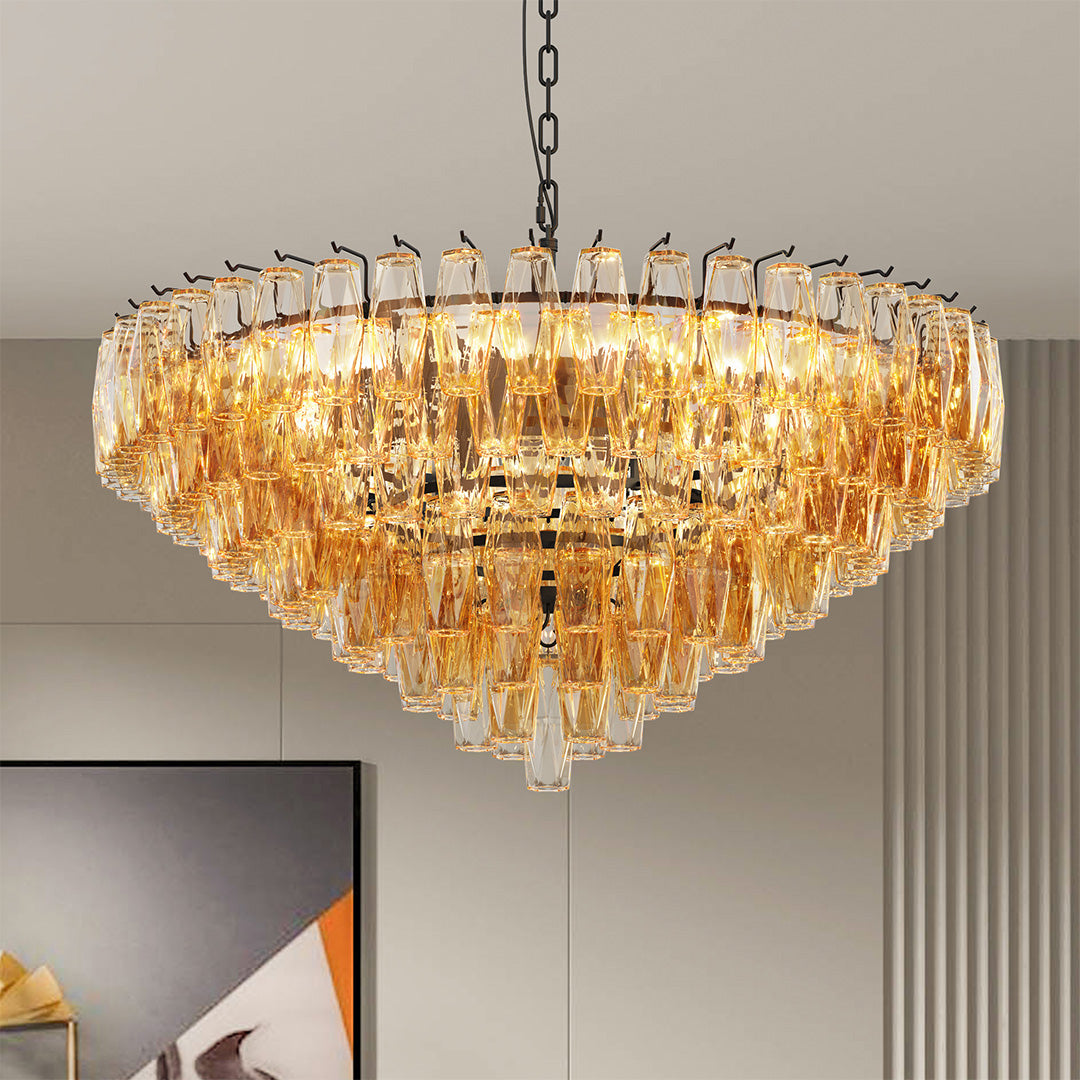 Grand-Scale Iron Frame Chandelier with Cascading Glass Drops
