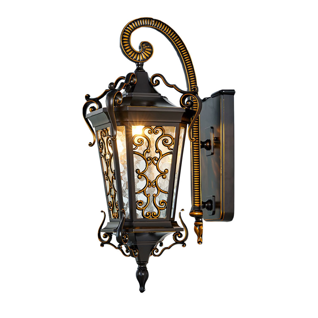 Antique European Lantern Outdoor Wall Sconce Ornate Aluminum Glass Polished Black IP55 490LM 3000K Garden Gate