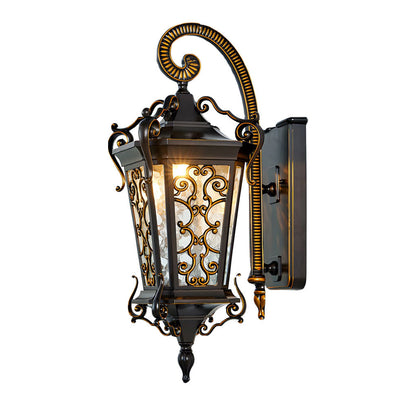 Antique European Lantern Outdoor Wall Sconce Ornate Aluminum Glass Polished Black IP55 490LM 3000K Garden Gate