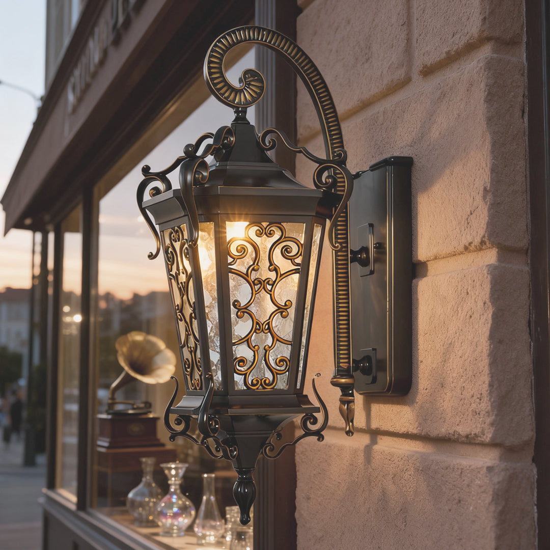 Antique European Lantern Outdoor Wall Sconce Ornate Aluminum Glass Polished Black IP55 490LM 3000K Garden Gate