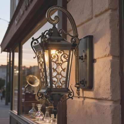 Antique European Lantern Outdoor Wall Sconce Ornate Aluminum Glass Polished Black IP55 490LM 3000K Garden Gate