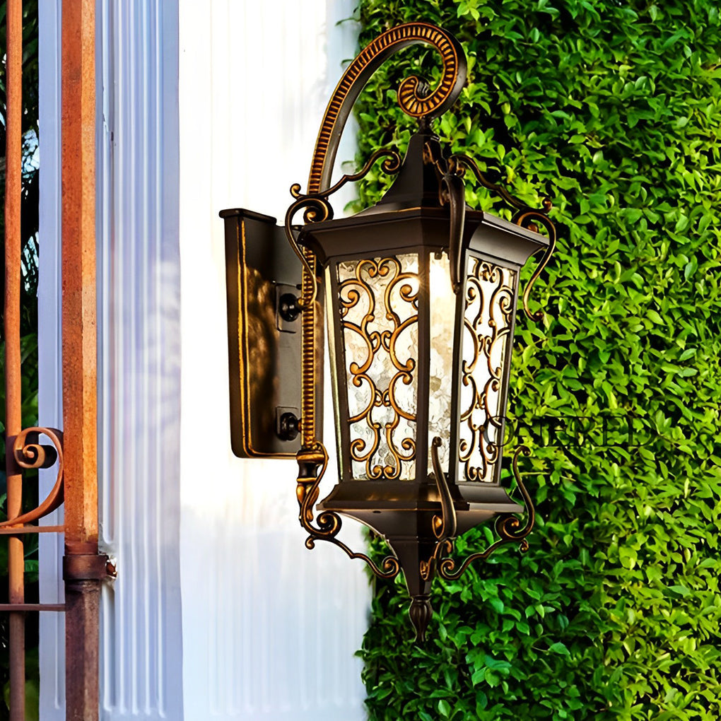 Antique European Lantern Outdoor Wall Sconce Ornate Aluminum Glass Polished Black IP55 490LM 3000K Garden Gate