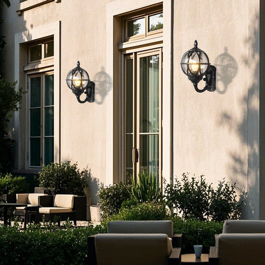 European Globe Outdoor Wall Sconce Cast Aluminum Amber Glass IP55 E27 Black Bronze 3 Sizes