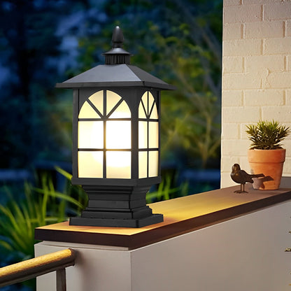 Retro Die-Cast Aluminum Frosted Glass Outdoor Pillar Light Black or Bronze 3 Grid Styles IP55 Hardwired E27