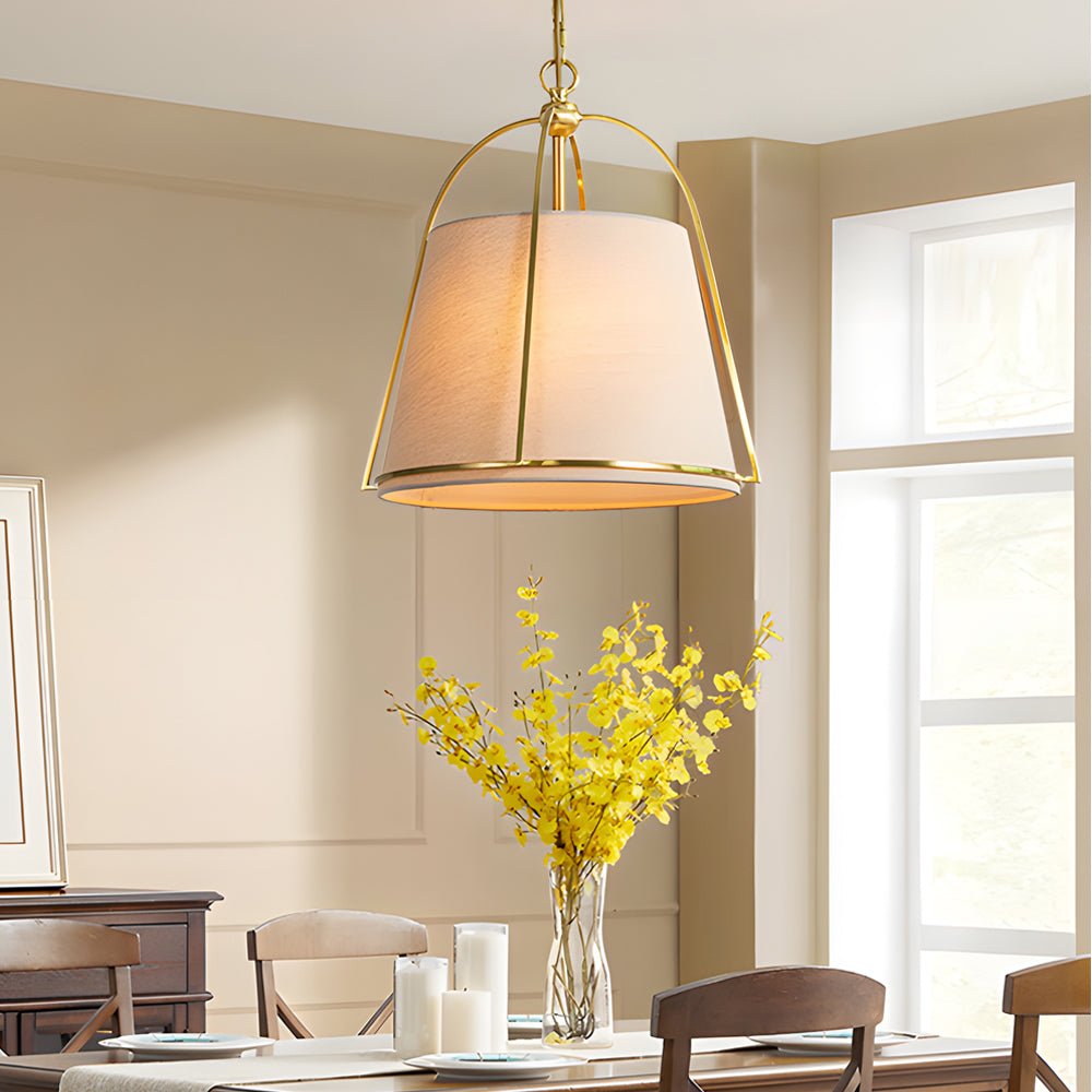 Four-Light Trapezoid Pendant Light with Gold Iron Frame and White Fabric Shade