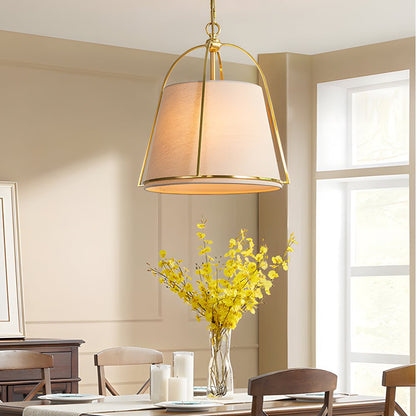Four-Light Trapezoid Pendant Light with Gold Iron Frame and White Fabric Shade