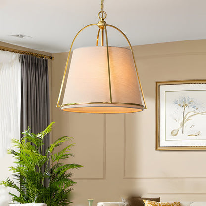Four-Light Trapezoid Pendant Light with Gold Iron Frame and White Fabric Shade