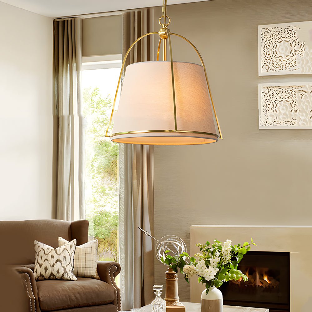 Four-Light Trapezoid Pendant Light with Gold Iron Frame and White Fabric Shade
