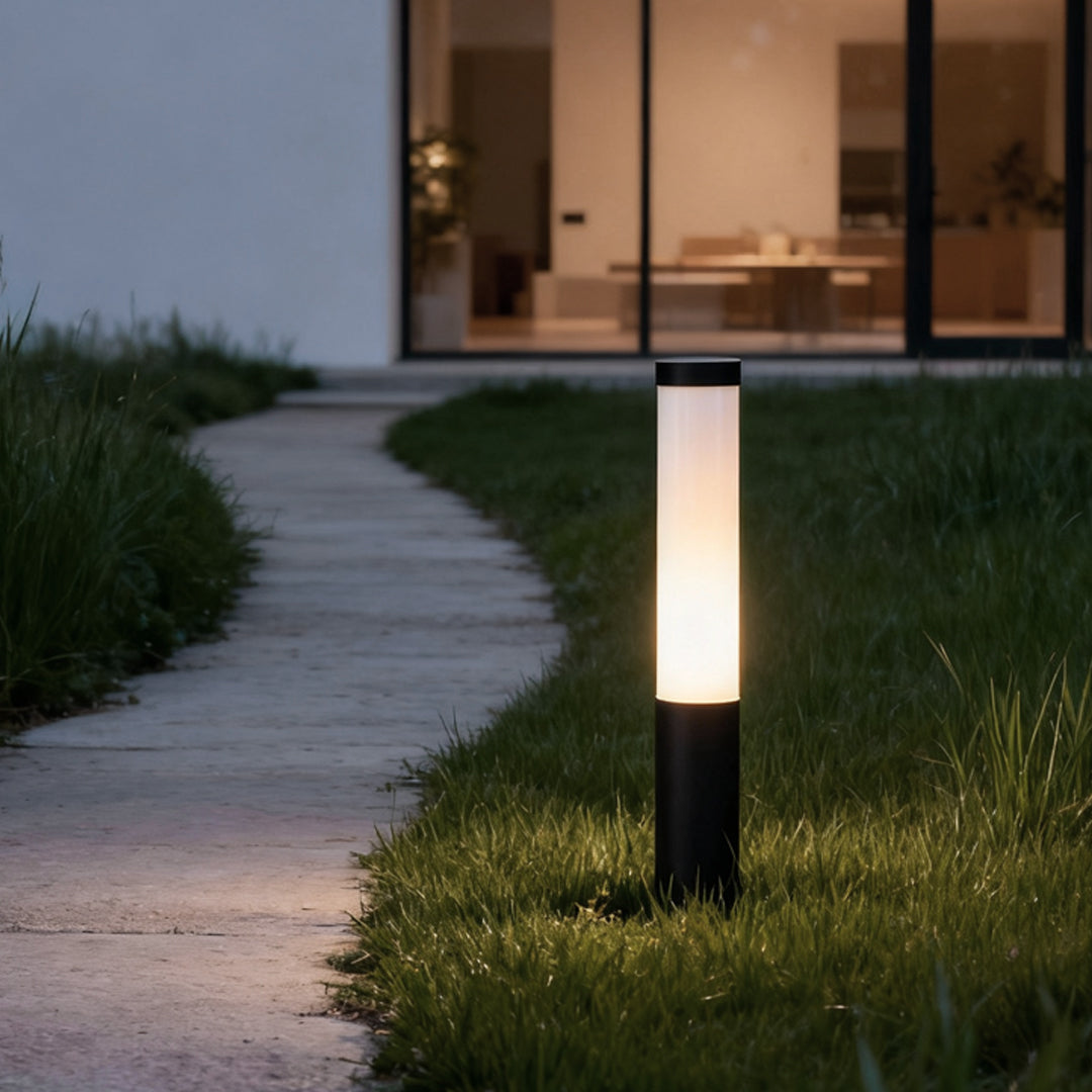 Modern Cylindrical LED Bollard Light 360° Waterproof Outdoor Lawn Pathway Lighting Black Aluminum Acrylic IP65
