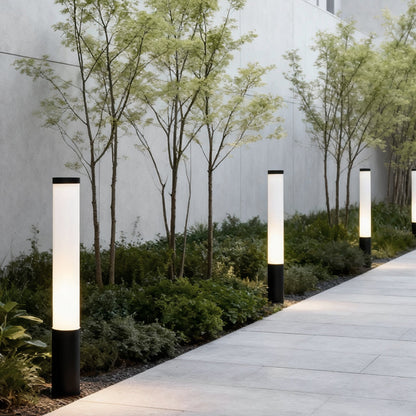 Modern Cylindrical LED Bollard Light 360° Waterproof Outdoor Lawn Pathway Lighting Black Aluminum Acrylic IP65