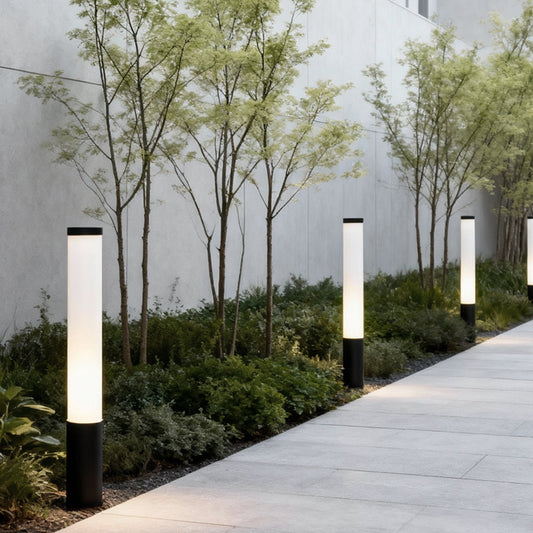 Modern Cylindrical LED Bollard Light 360° Waterproof Outdoor Lawn Pathway Lighting Black Aluminum Acrylic IP65