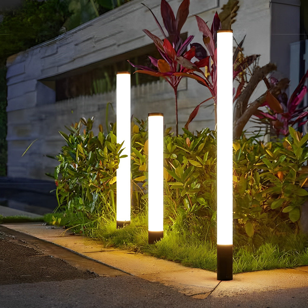 Modern Cylindrical LED Bollard Light 360° Waterproof Outdoor Lawn Pathway Lighting Black Aluminum Acrylic IP65