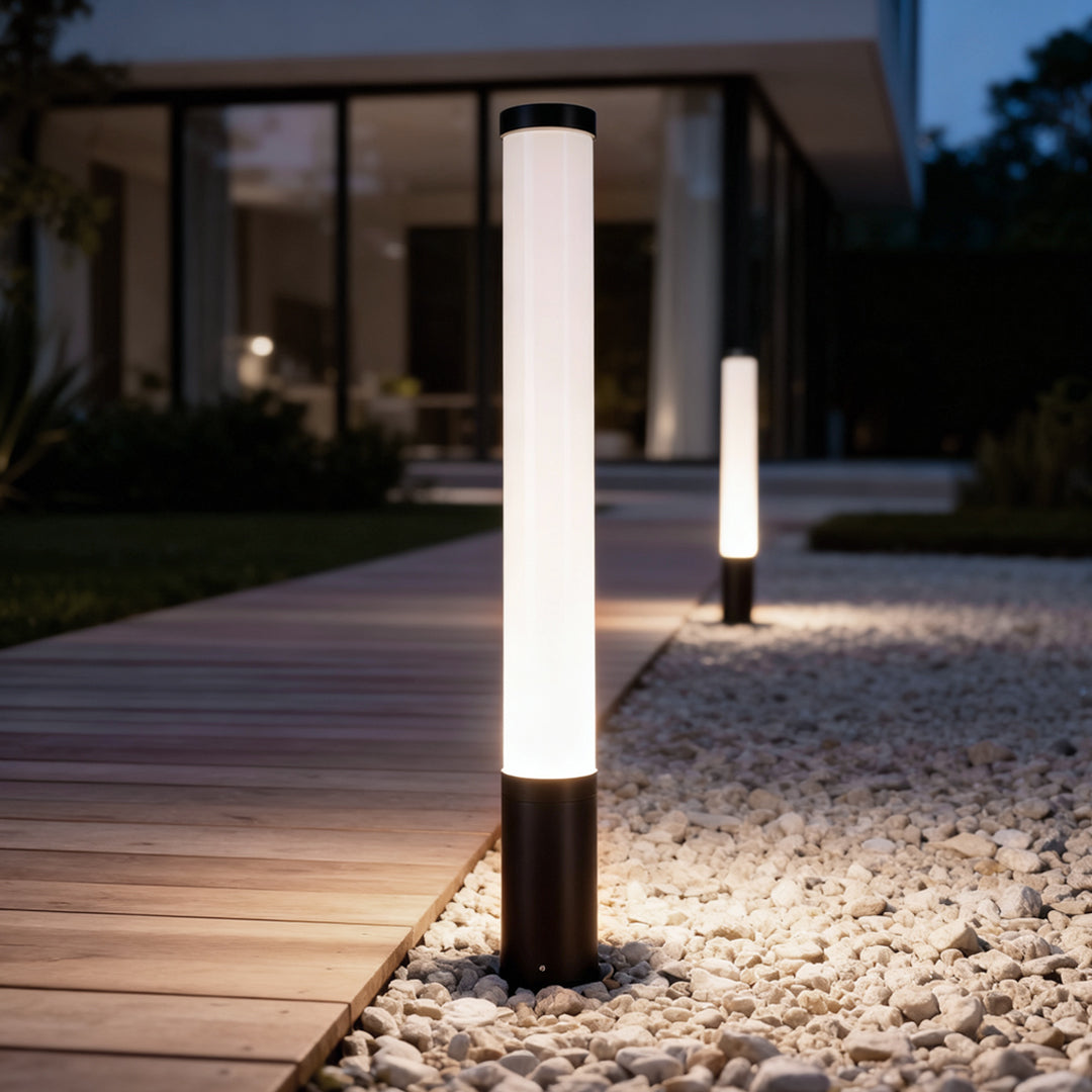 Modern Cylindrical LED Bollard Light 360° Waterproof Outdoor Lawn Pathway Lighting Black Aluminum Acrylic IP65