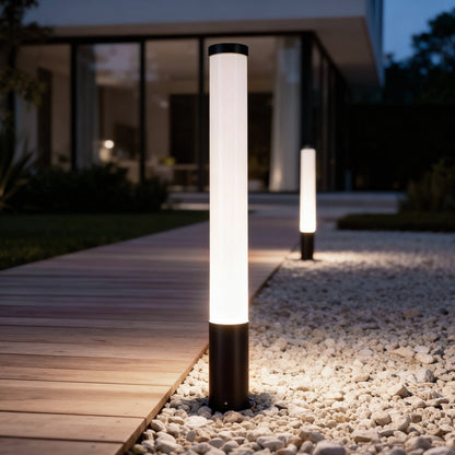 Modern Cylindrical LED Bollard Light 360° Waterproof Outdoor Lawn Pathway Lighting Black Aluminum Acrylic IP65