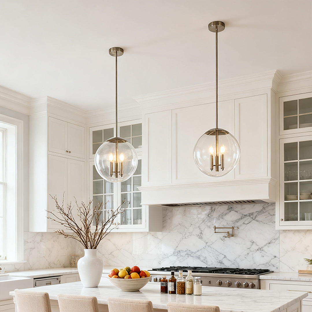 Glass Orb Pendant Light Modern Transparent Clear Globe Silver Nickel E12 3-Light Kitchen Island Dining Room 17 Inch