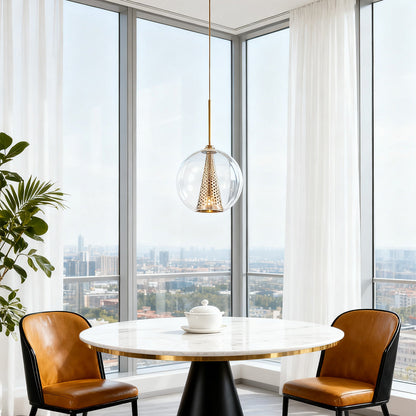 Glass Ball Pendant Light Italian Minimalist Clear Glass Perforated Copper Brass Cone E26 Dining Room 10 Inch