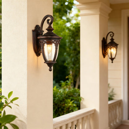 European Ornate Outdoor Wall Lantern Black Aluminum Glass E26 IP44 Hardwired
