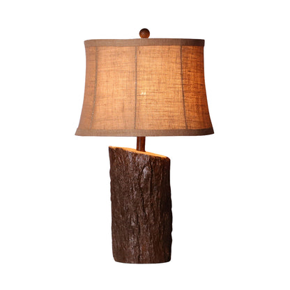 Rustic Faux Wood Table Lamp Dark Brown Bark Texture Beige Fabric Shade E26 Vintage Lodge Bedside 26.38 Inch