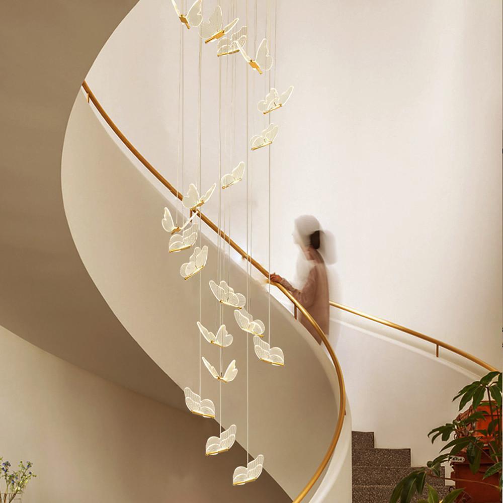 Butterfly Staircase Chandelier Gold Iron Acrylic Wings LED Dimmable 3000K 6000K