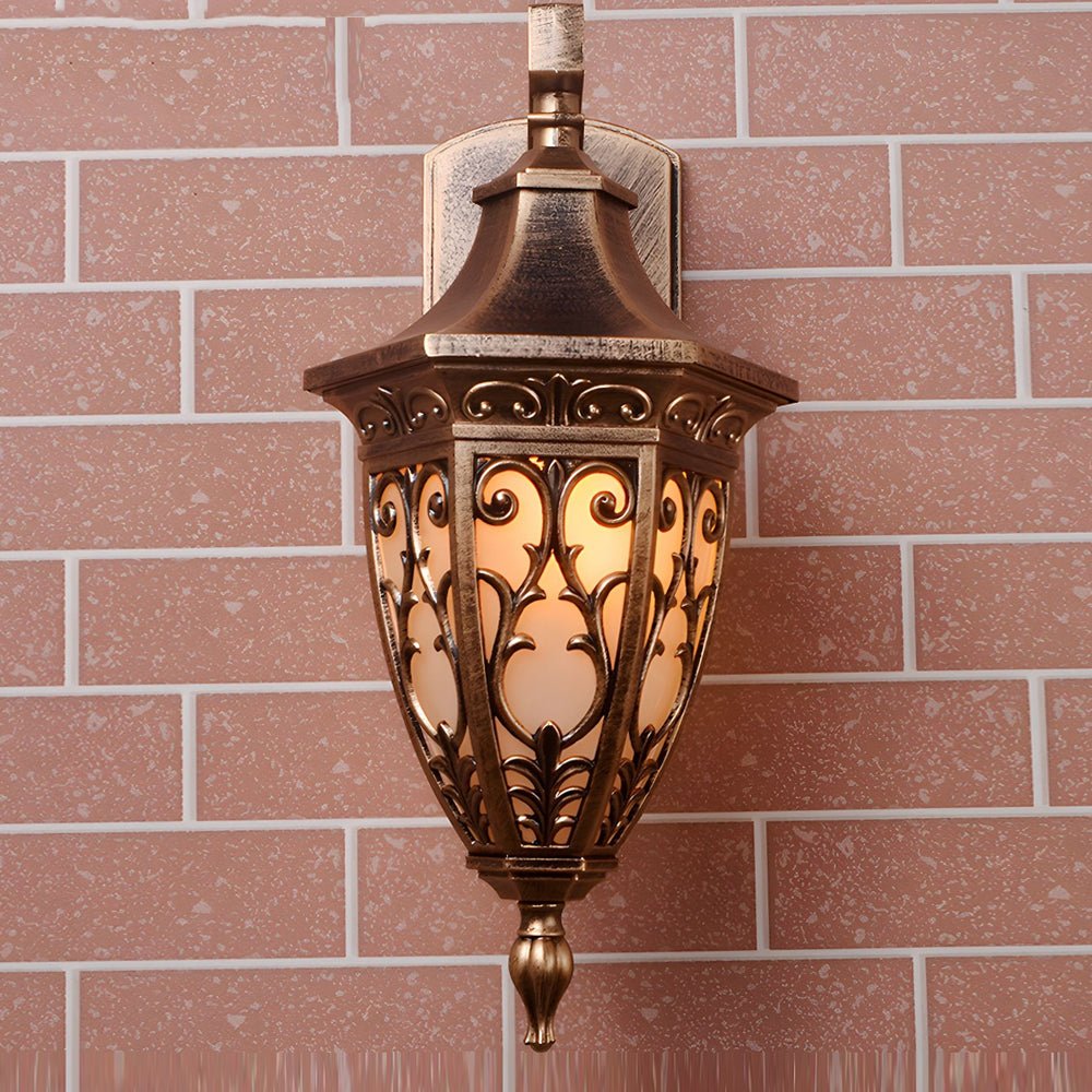 Antique Art Deco Outdoor Wall Lantern Bronze Floral Glass E27 IP54 Courtyard