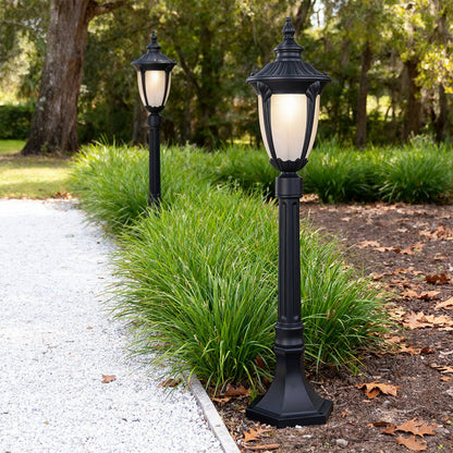 Traditional European Style Garden Post Light Black Aluminum Glass Lantern 9W 31 Inch Carved