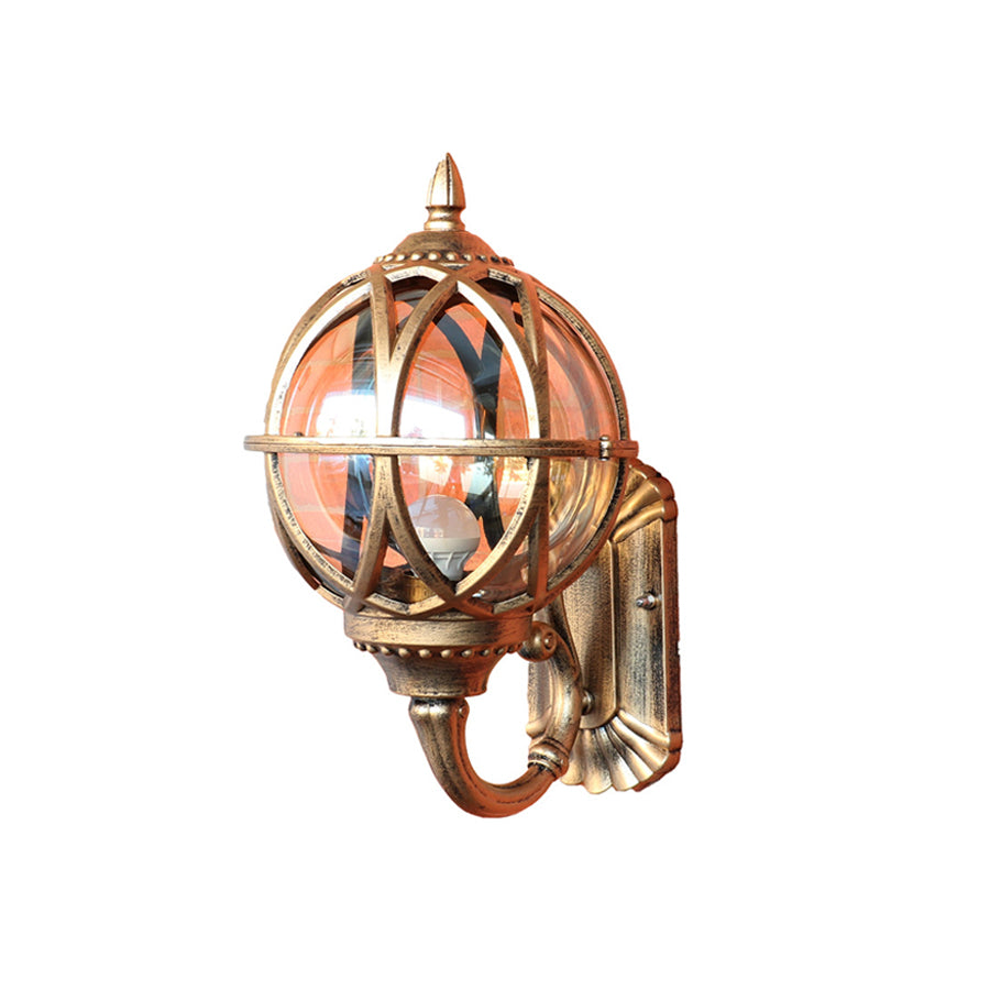 European Globe Outdoor Wall Sconce Cast Aluminum Amber Glass IP55 E27 Black Bronze 3 Sizes