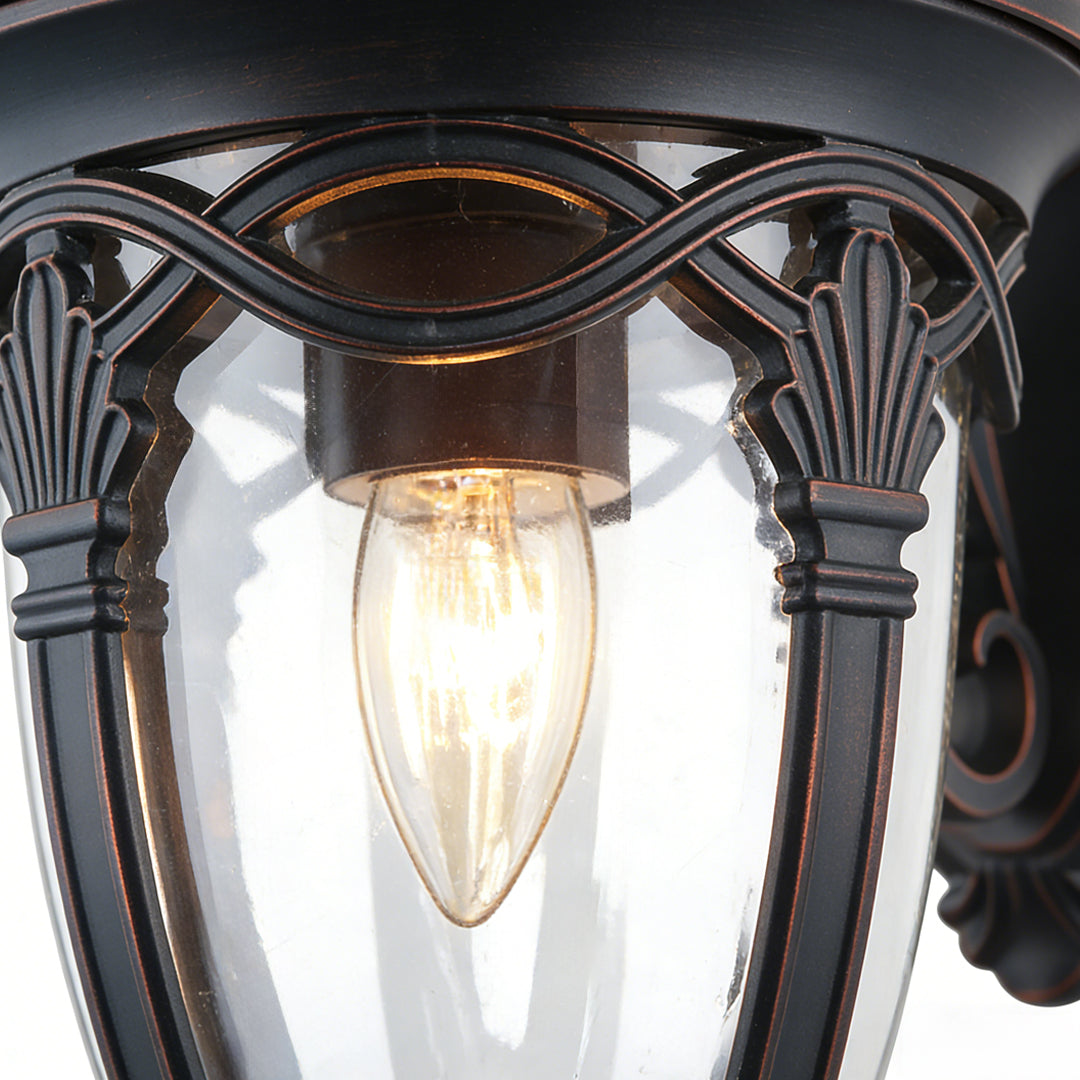 European Ornate Outdoor Wall Lantern Black Aluminum Glass E26 IP44 Hardwired