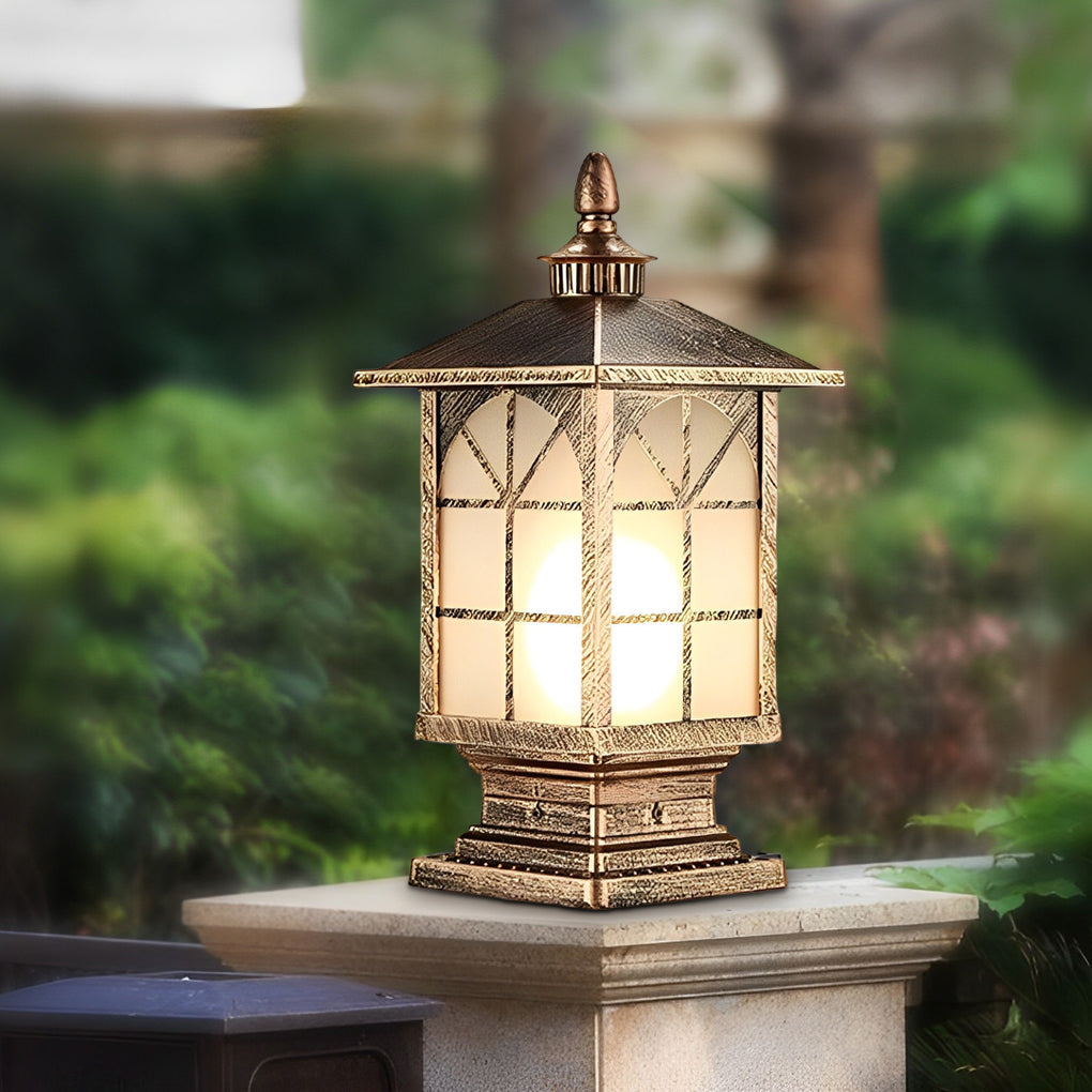Retro Die-Cast Aluminum Frosted Glass Outdoor Pillar Light Black or Bronze 3 Grid Styles IP55 Hardwired E27