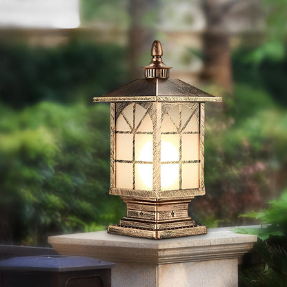 Retro Die-Cast Aluminum Frosted Glass Outdoor Pillar Light Black or Bronze 3 Grid Styles IP55 Hardwired E27