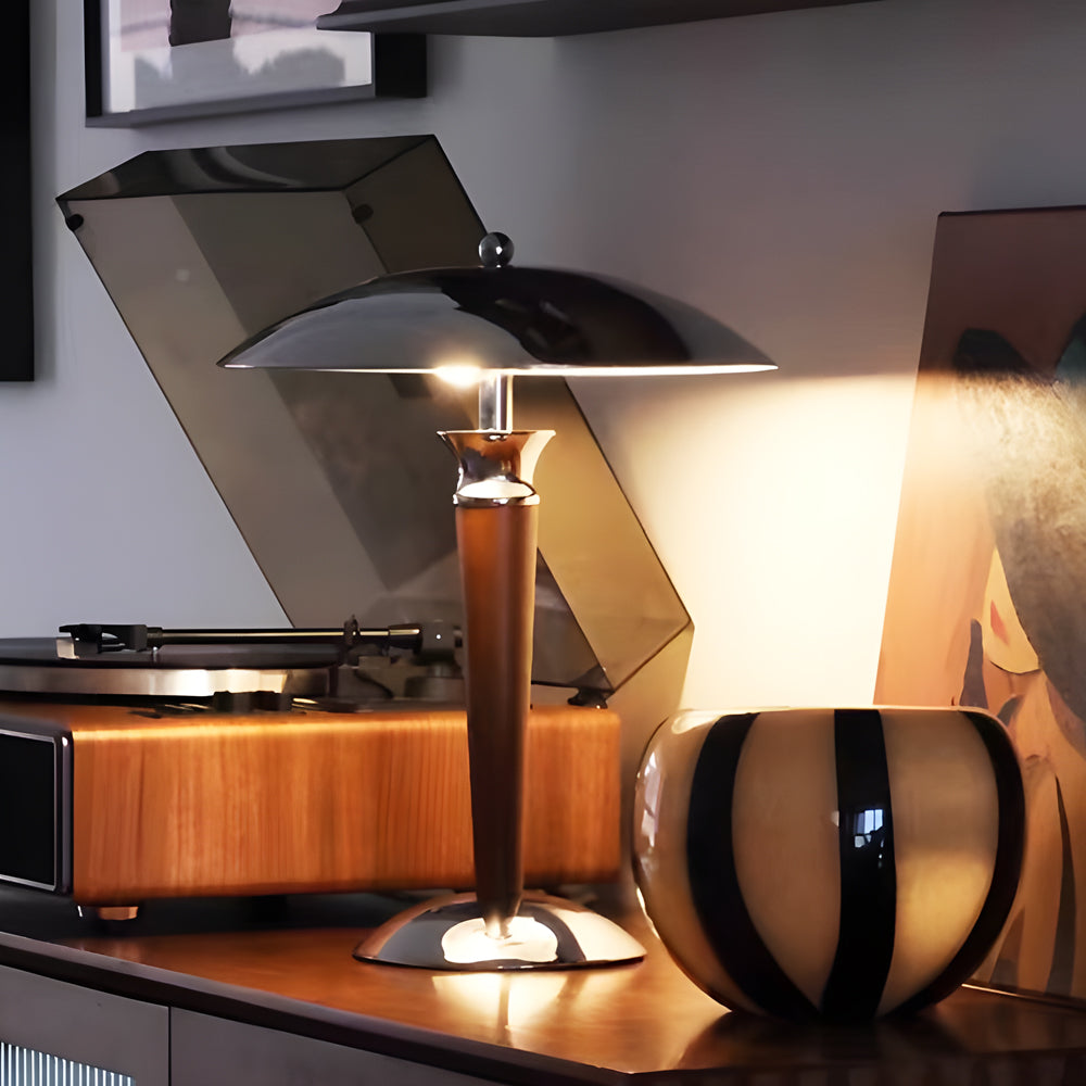 Modern Table Lamp Chrome Mushroom Umbrella Shade Walnut Wood Pole Retro 3 Step Color Temp LED E14 Bedside Living Room 15.35 Inch
