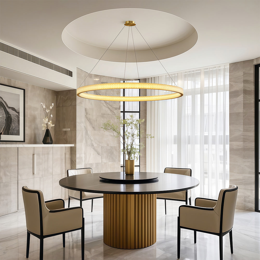 Copper Ring Chandelier White Acrylic Dimmable LED 3000K 6000K Remote 7 Sizes