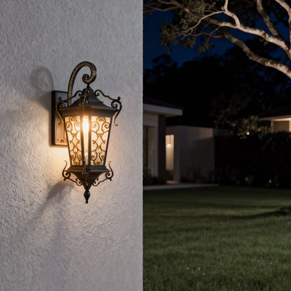 Antique European Lantern Outdoor Wall Sconce Ornate Aluminum Glass Polished Black IP55 490LM 3000K Garden Gate