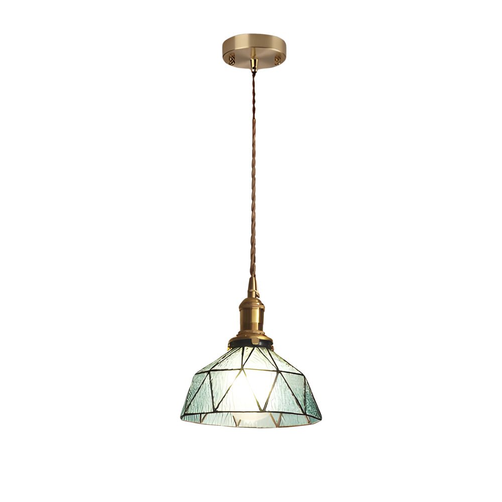 Vintage Handmade Stained Glass Cone Pendant Light with Copper Hardware