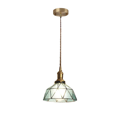 Vintage Handmade Stained Glass Cone Pendant Light with Copper Hardware