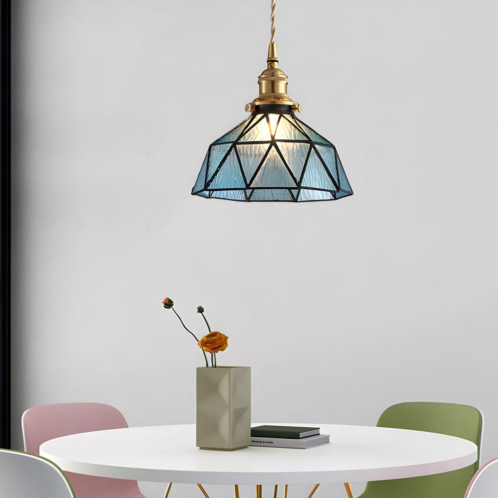 Vintage Handmade Stained Glass Cone Pendant Light with Copper Hardware