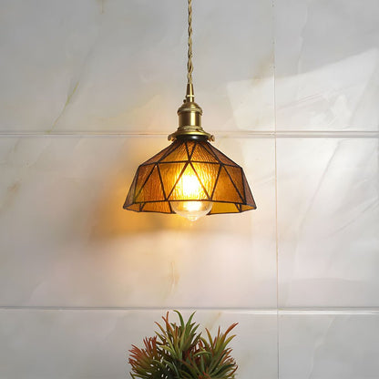 Vintage Handmade Stained Glass Cone Pendant Light with Copper Hardware