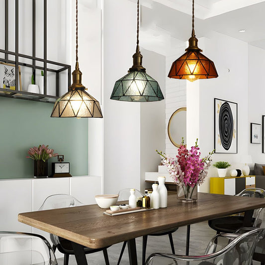 Vintage Handmade Stained Glass Cone Pendant Light with Copper Hardware